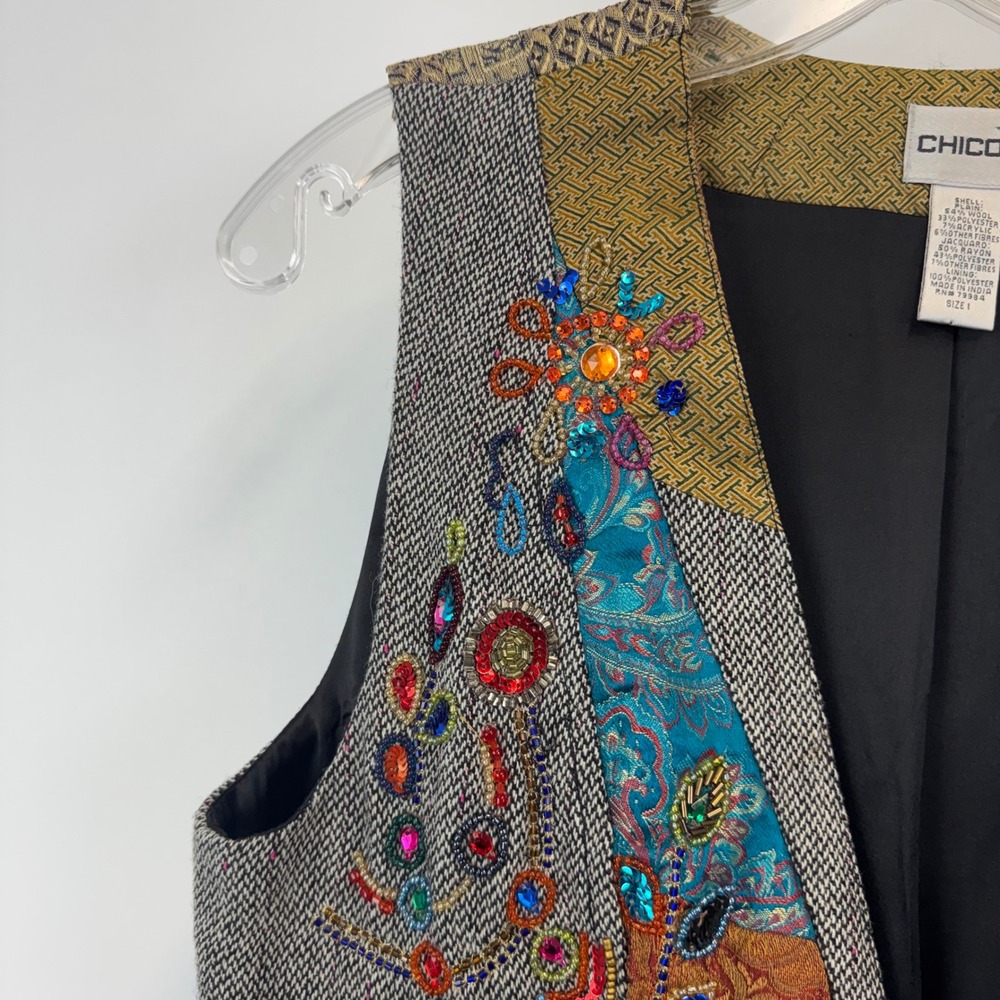 Chico's Beaded Patchwork Vest Wool Blend Embroide… - image 8